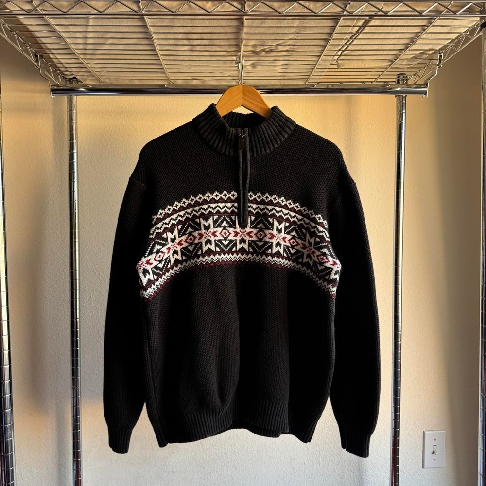 Izod Mens Fair Isle Knit Quarter Zip Sweater Black Nordic Pattern XXL fits XL